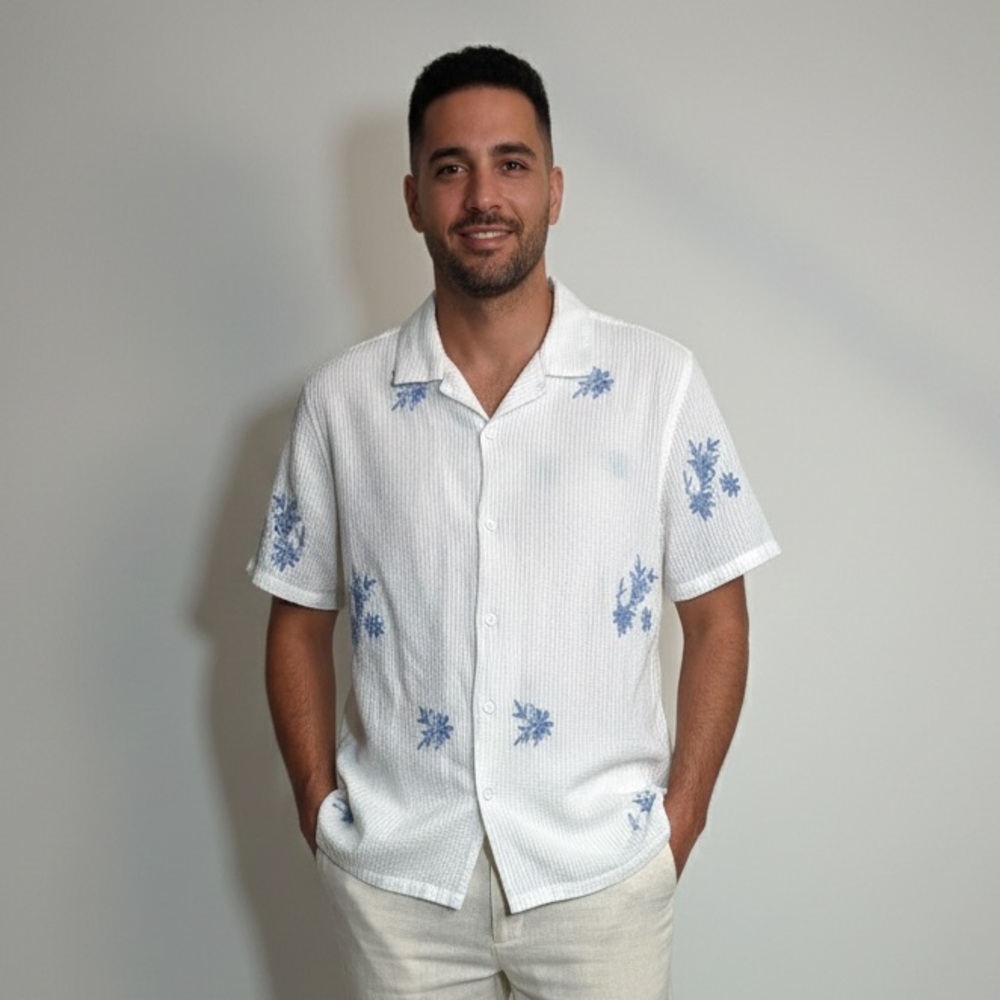 Free Planet Good Times White & Blue Seer Sucker Short Sleeve Button Up Shirt XL